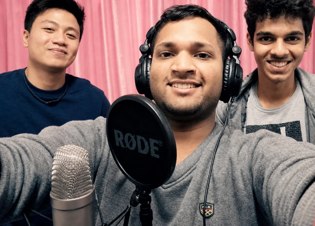 Tanjir Ahmed with Ashvin Bhanu and Bibou recording music at Studio 803